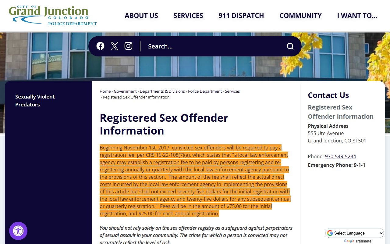 Grand Junction Police Department sex offender information website
