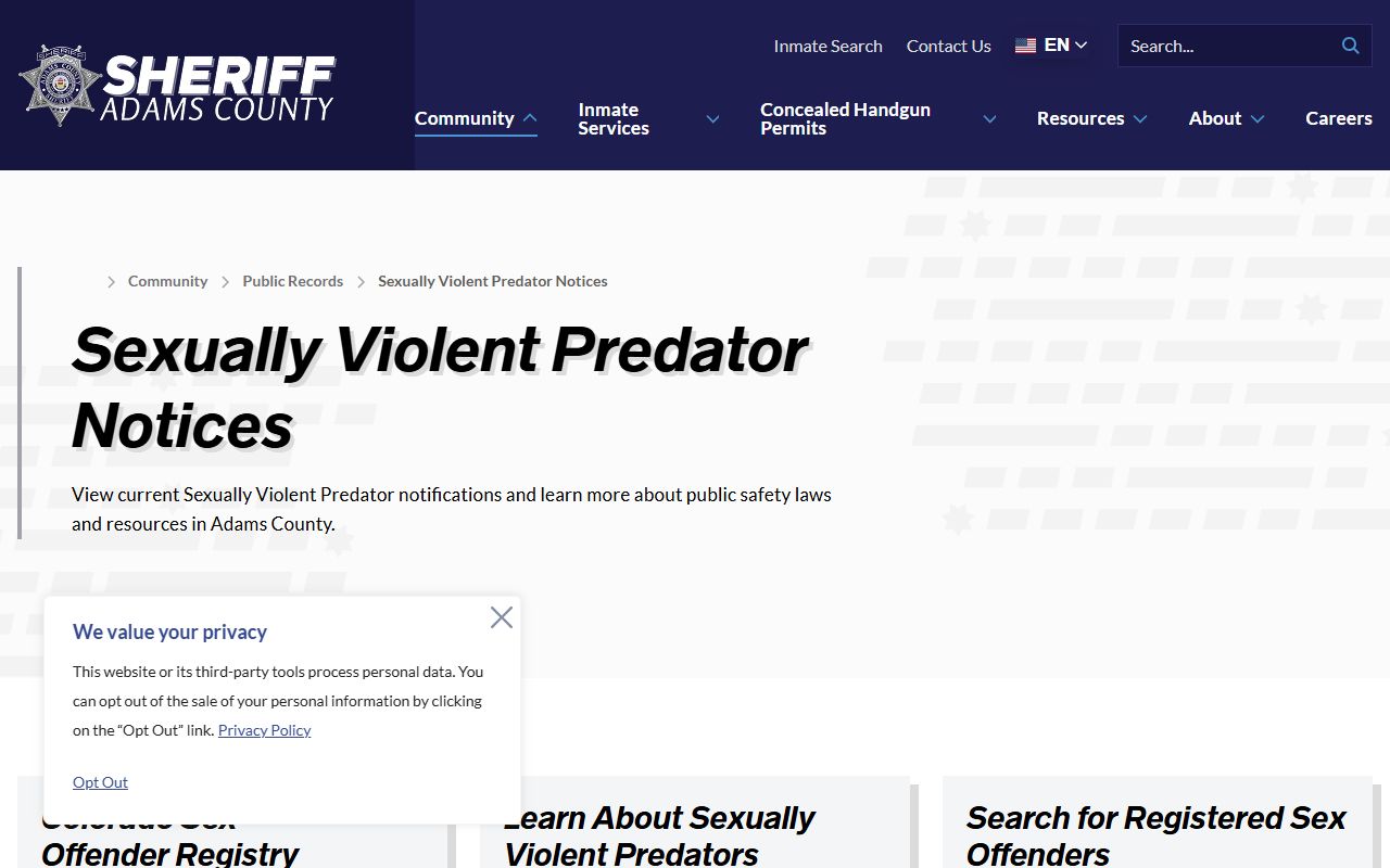 Adams County Sheriff website for sex offender predator notices