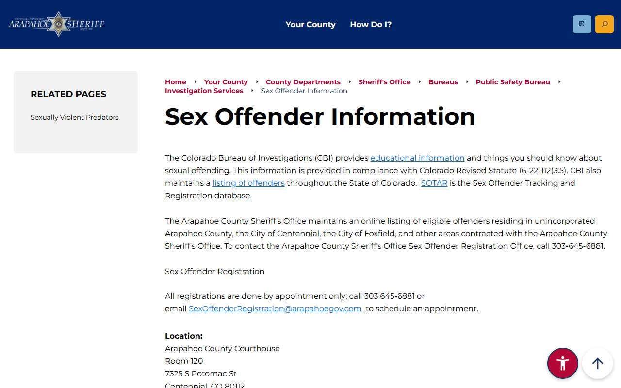 Arapahoe County Sheriff website for sex offender information