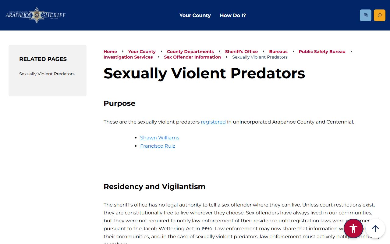 Arapahoe County Sheriff SVP information page