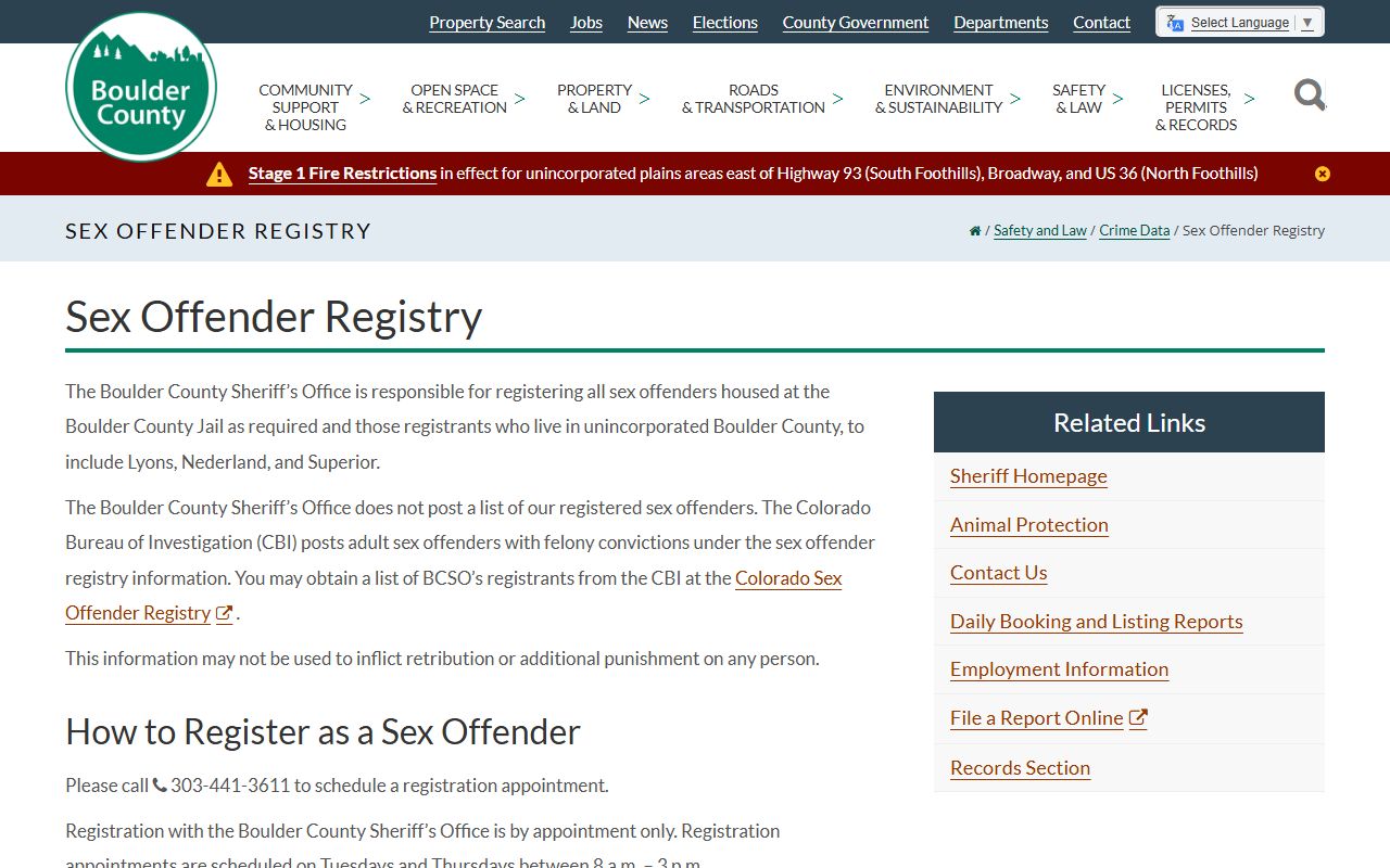 Boulder County Sheriff sex offender registry information page