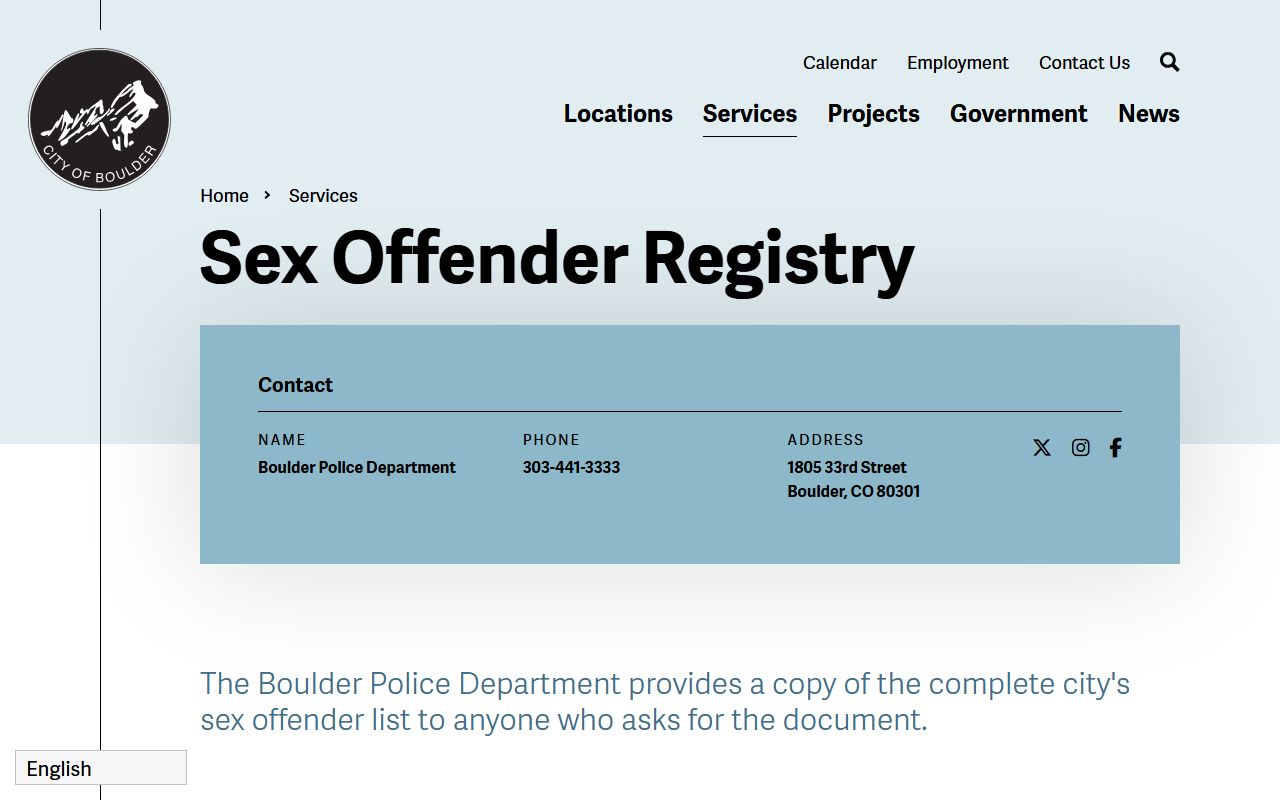 Boulder Police Department sex offender records office
