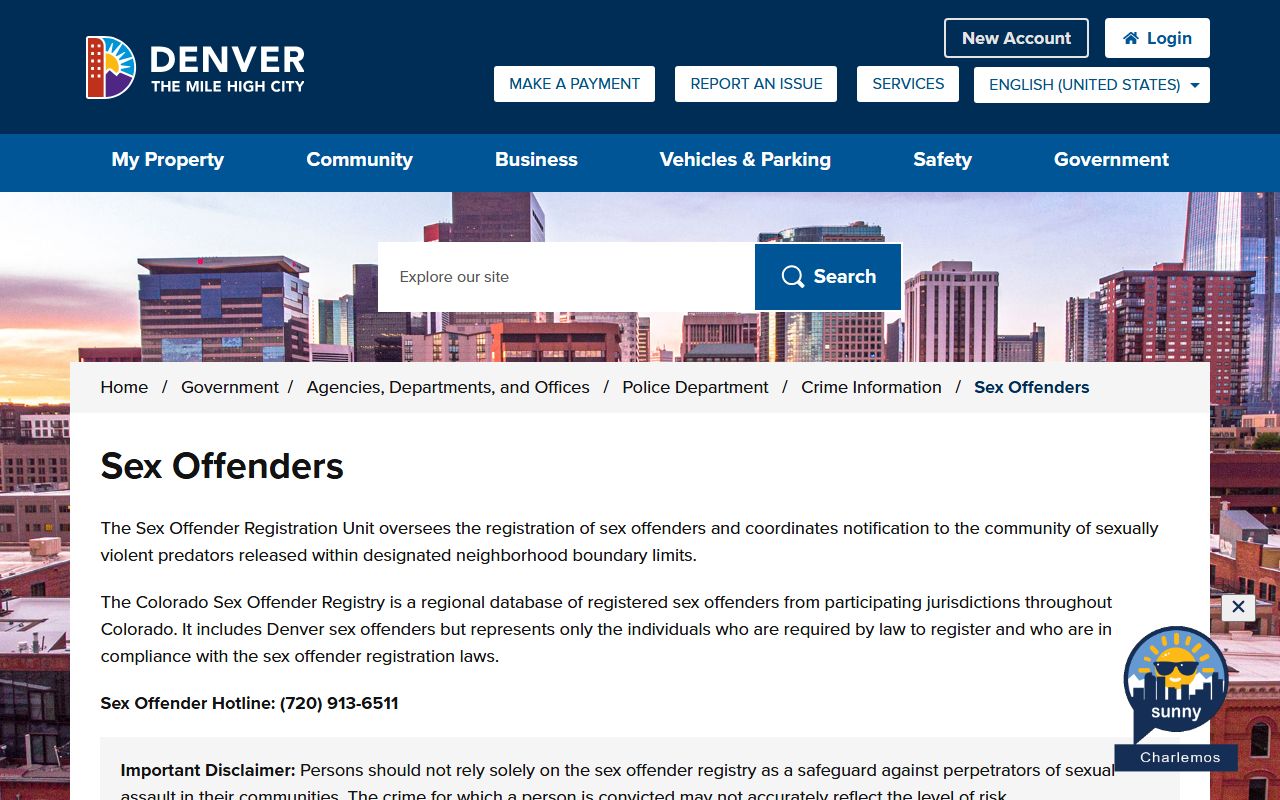 Denver Police Department sex offender registry page