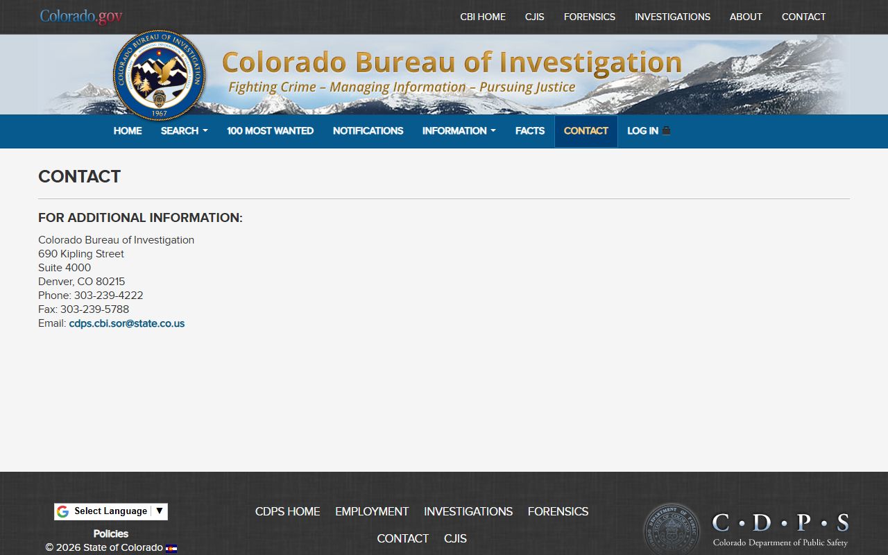 CBI contact page for sex offender registry questions