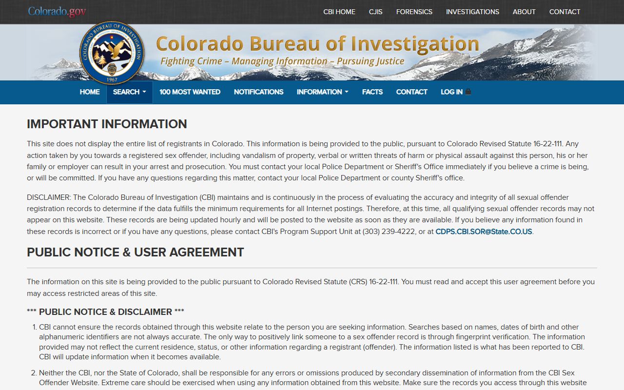 CBI Colorado sex offender registry search page