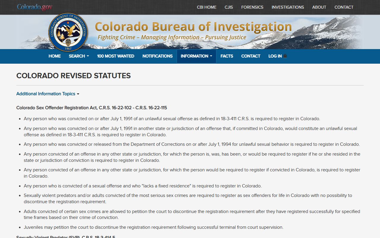 Colorado Revised Statutes page for sex offender registration laws