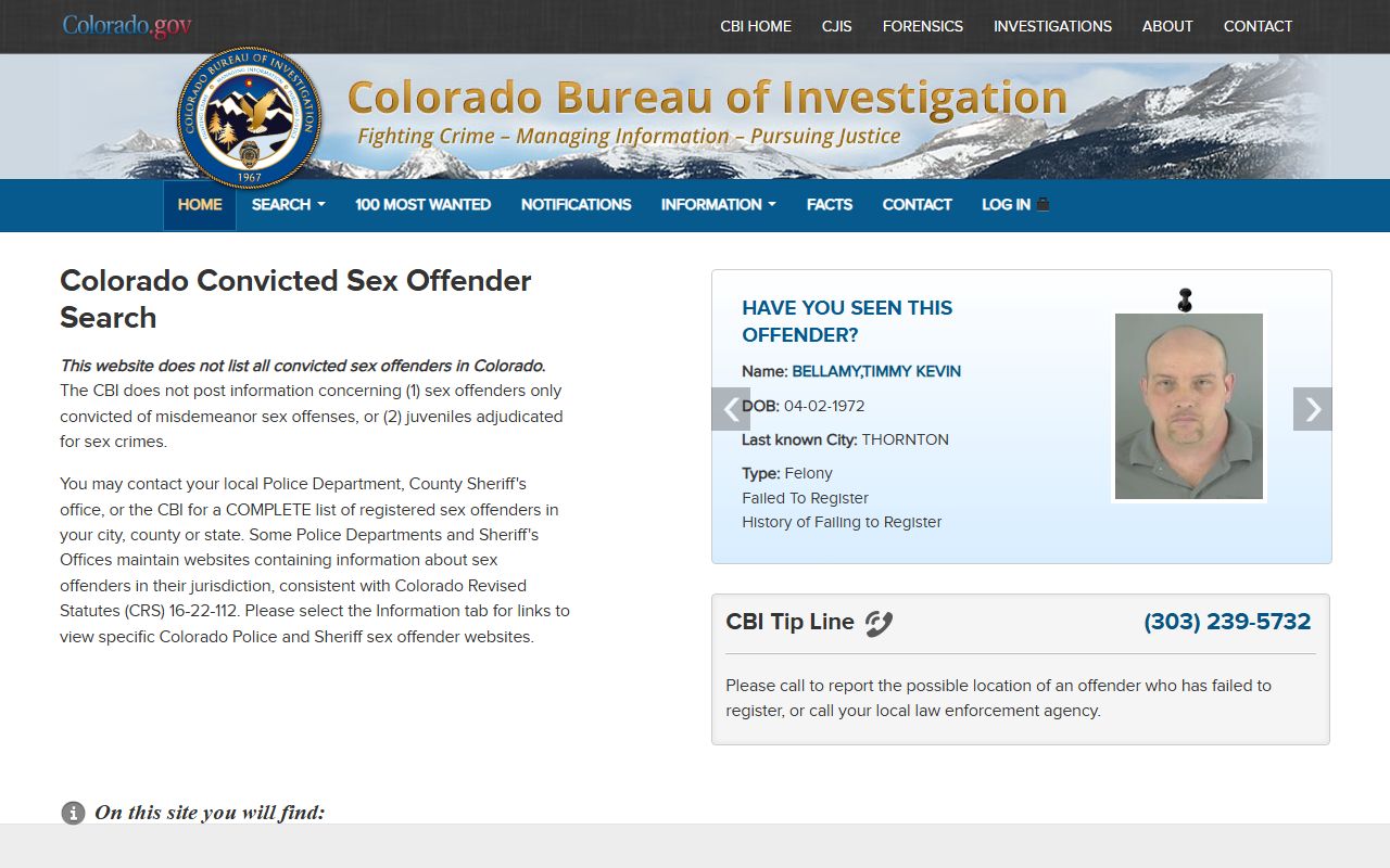 Colorado CBI Sex Offender Registry main search page