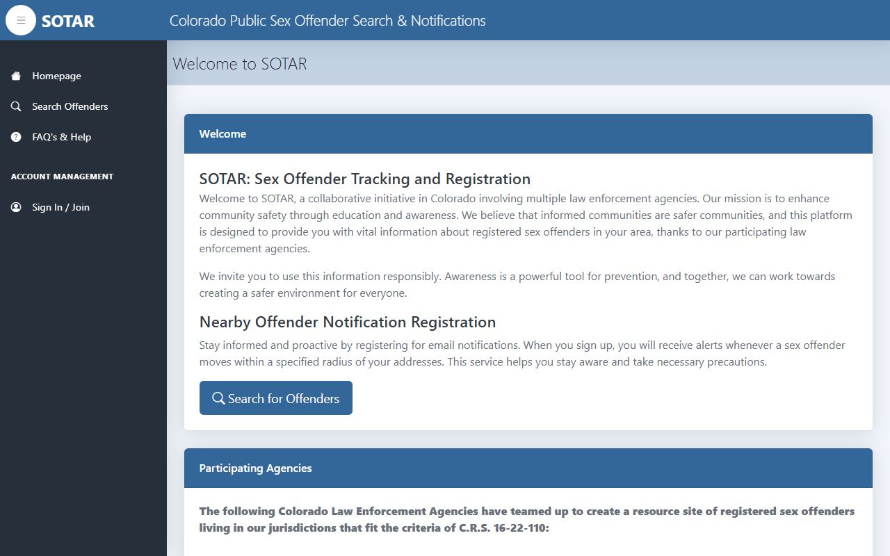SOTAR website for sex offender tracking and registration in Colorado